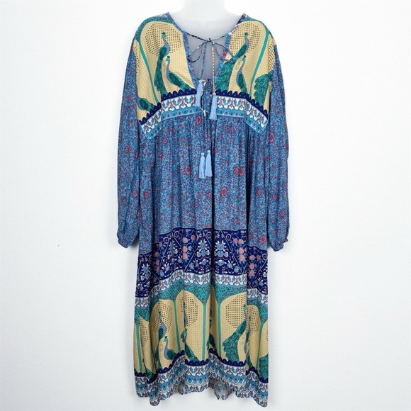 R.Vivimos Dress Womens XL Blue Yellow Colorful Birds Tropical Peasant Boho Indie - Picture 1 of 12